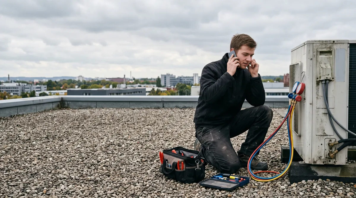 Kältetechniker auf einem Flachdach telefoniert neben einem Außengerät